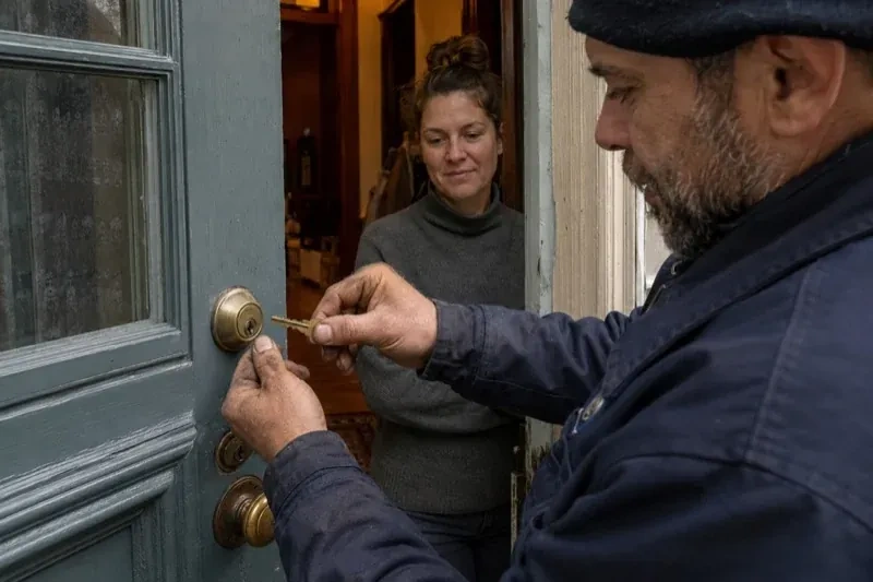 Person holding a key beside a brass-colored deadbolt on an open painted door while another person watches from inside. — Home Lockout Service, London