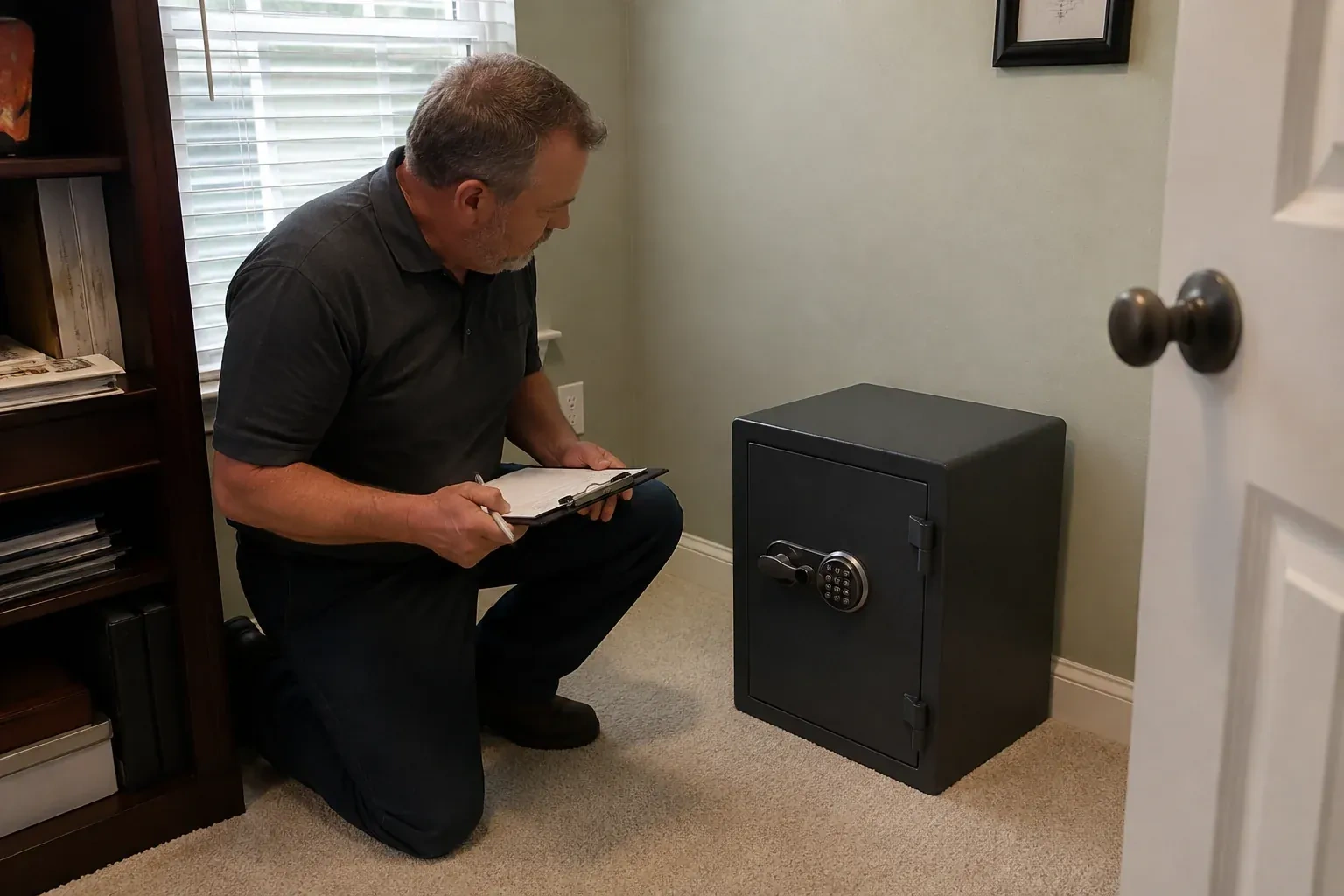 Person holding a clipboard beside a closed black safe with a circular keypad in a carpeted room. — Safe Installation & Servicing, London
