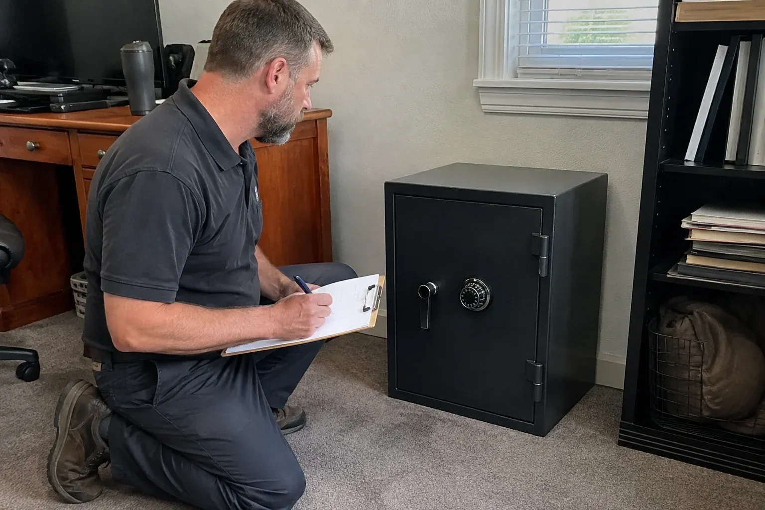Person writing on a clipboard while kneeling beside a closed black safe with a numbered combination dial in a home office. — Safe Opening & Combination Change, London