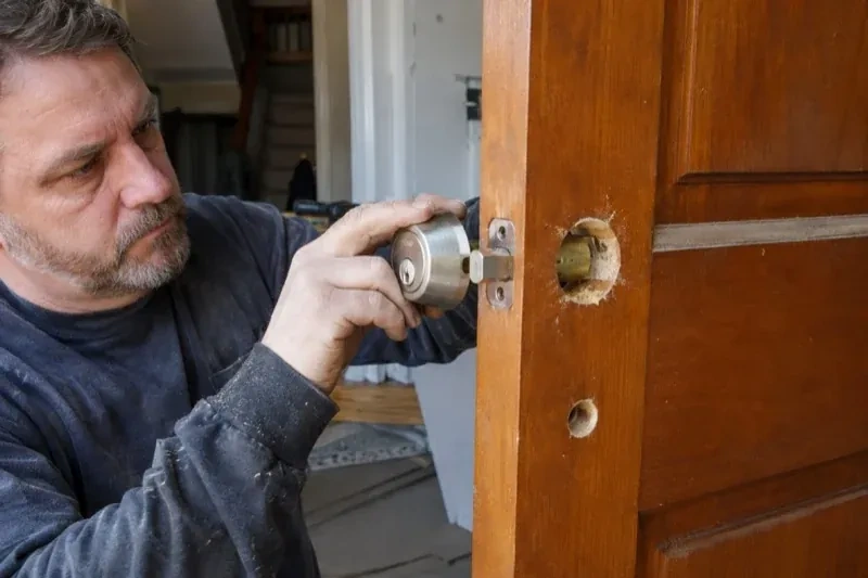 Person holding a silver-colored lock beside an open wooden door with exposed circular holes and a latch at its edge. — Deadbolt Installation, London