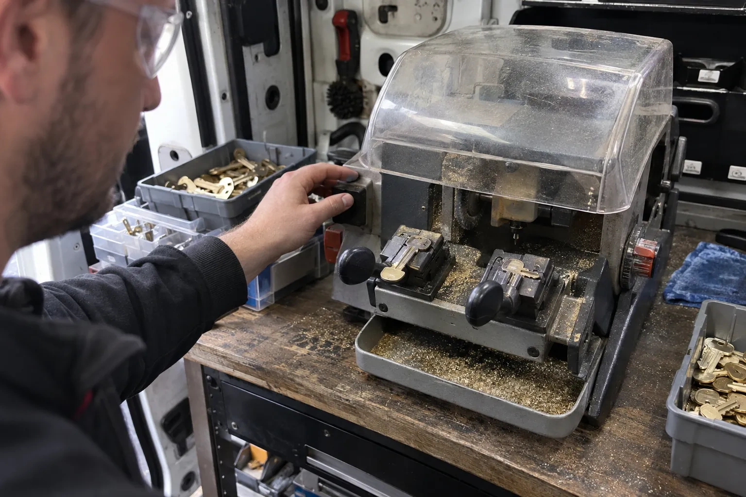 Person in safety glasses reaching for a key-cutting machine with a clear cover, beside trays of brass key blanks. — Spare Car Key Duplication, London