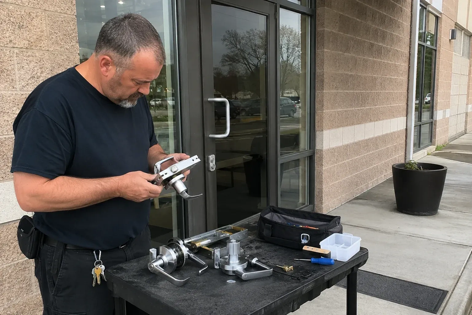 Person holding a door-handle and latch assembly at a worktable outside a glass entrance, with additional handles and tools laid out. — Commercial Rekeying, London