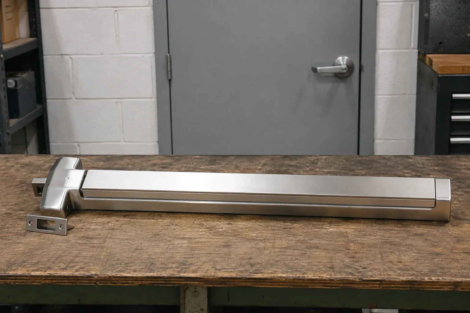 Detached horizontal exit device and separate strike component on a workshop bench. — Panic & Exit Hardware, London