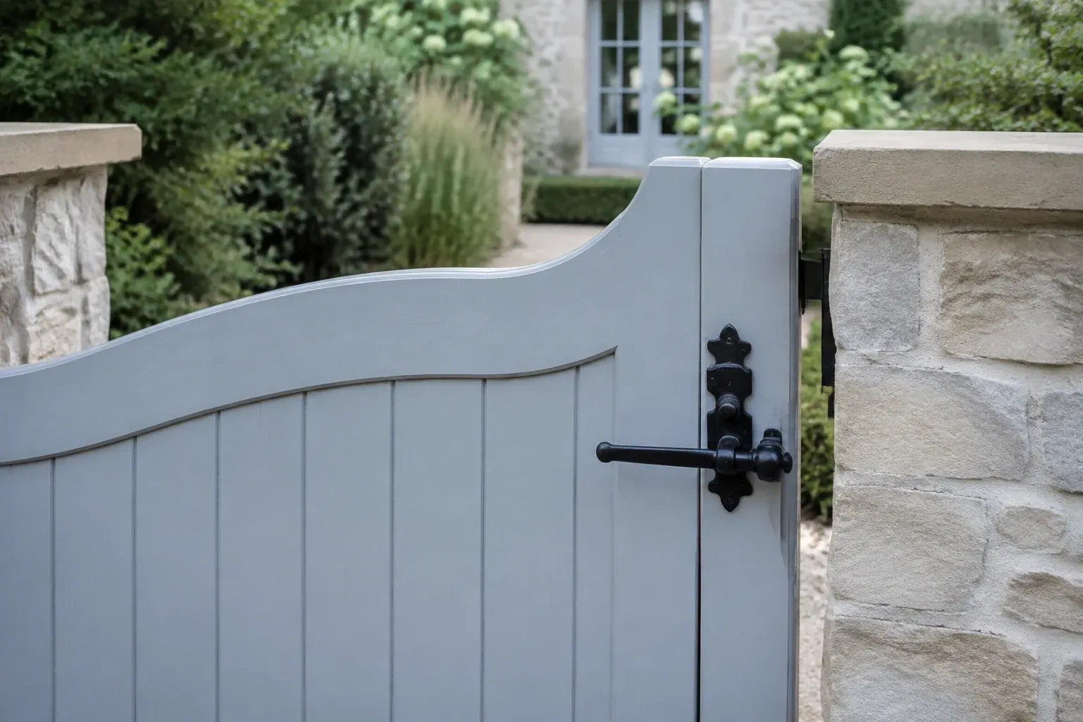 Pale blue garden gate with a black lever latch between light stone pillars. — Gate & Building Entry Locks, London