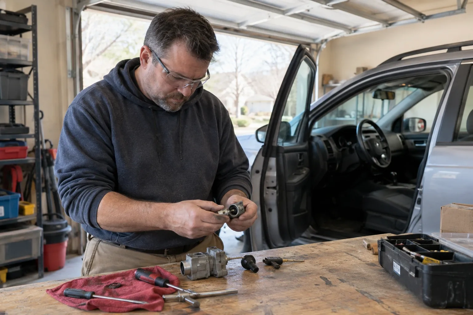 Person in safety glasses holding a small metal lock cylinder beside a workbench with a red cloth and an open car door. — Nelson Park
