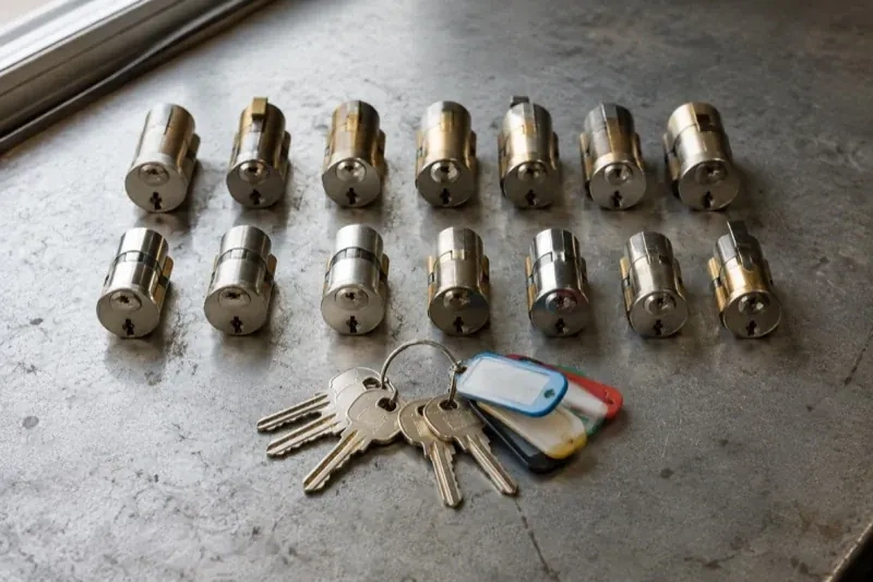 Two rows of lock cylinders on a metal surface with keys and colored key tags in front. — Master Key System Design, London